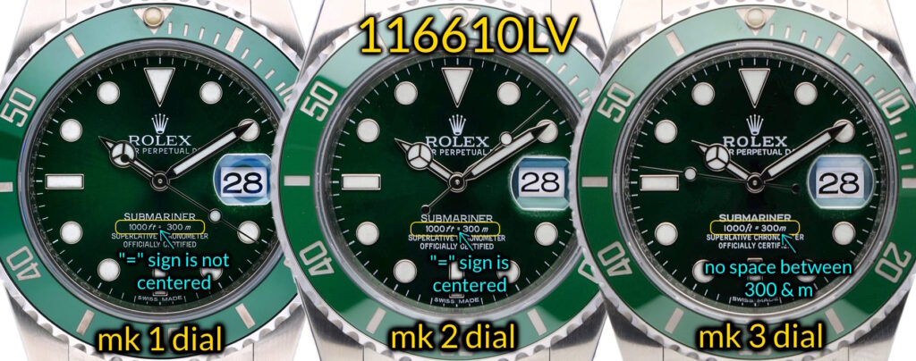 Rolex Submariner 116610LV “Hulk” Mk1, Mk 2, Mk 3 Dial Differences